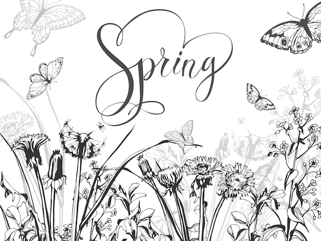 Spring background with grass, blooming dandelions and butterflies. template  vector