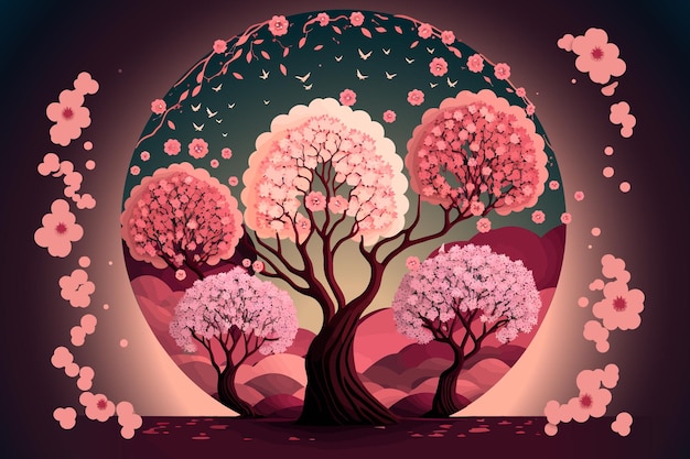 Spring background with set of beautiful Sakura trees illustration