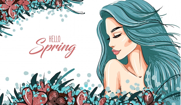 Vector spring background with woman blue hair girl