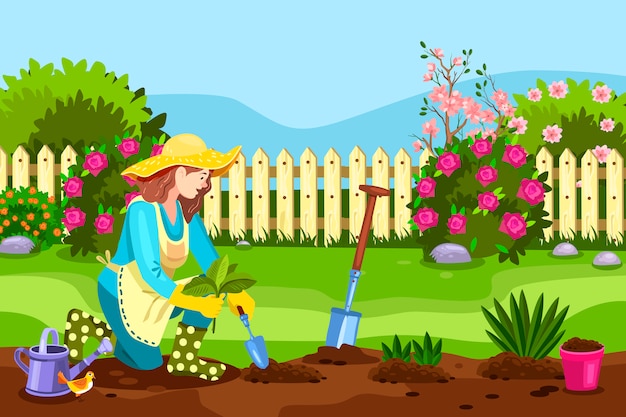 Vector spring backyard concept with young female, fence, blooming bushes, roses, shovel, bird, watering can