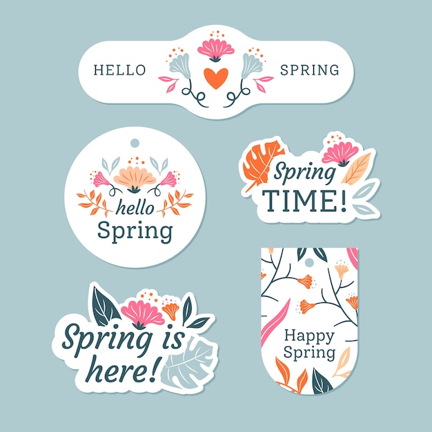 Collezione di badge primavera con fiori e foglie colorate