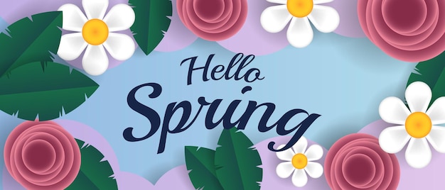 Spring banner background with realistic flowers and leaves