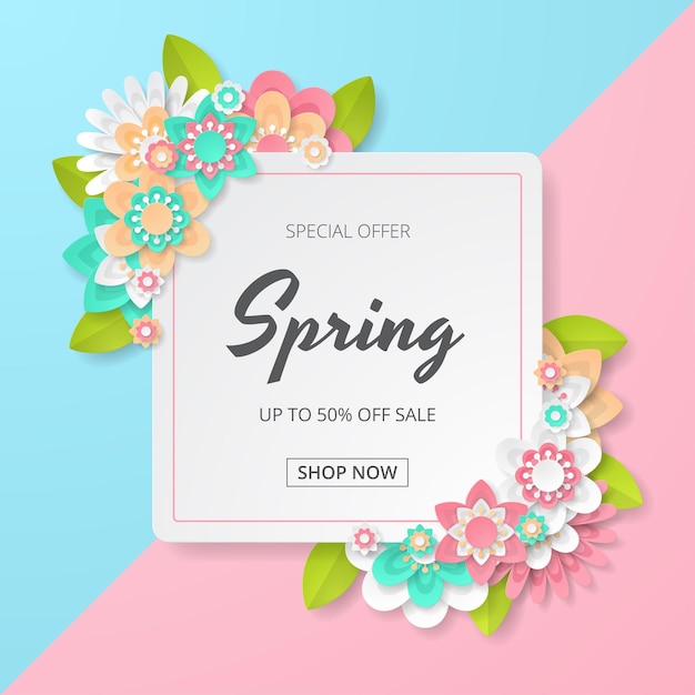 Vector spring banner template with beautiful colorful flower paper cut style