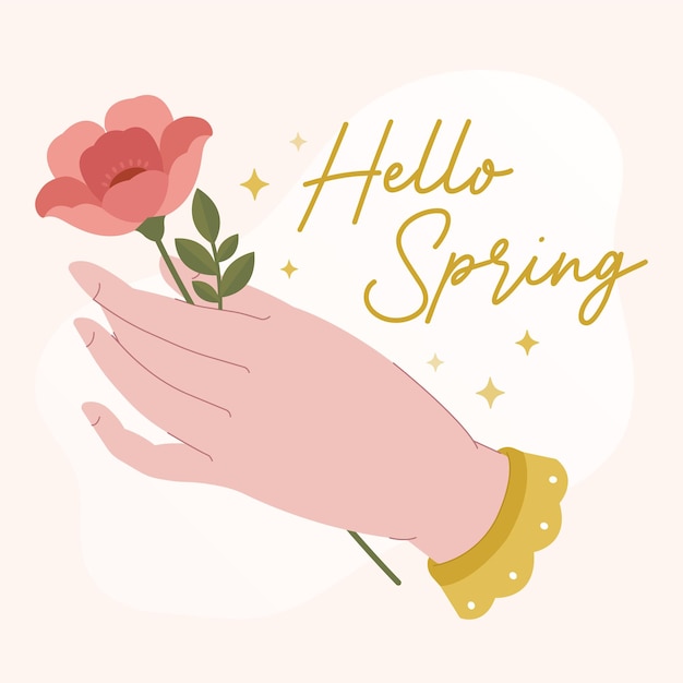 Spring banner with female hand holding flower and hand drawn lettering hello spring
