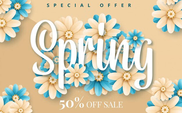 Vector spring banner with paper flowers for online shopping, advertising actions, magazines and websites