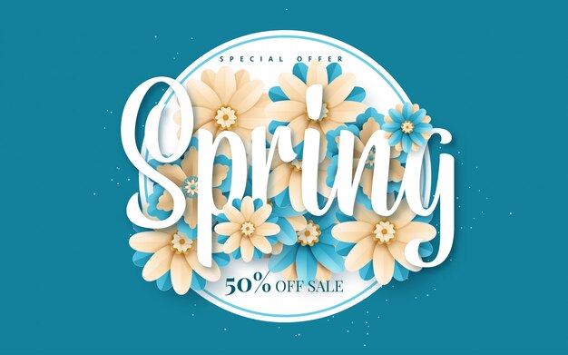 Spring banner with paper flowers for online shopping, advertising actions, magazines and websites