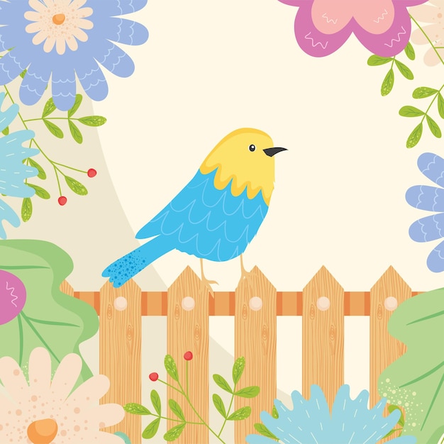 Vector spring bird on fence with flowers design, season natural floral ornament garden and decoration theme  illustration