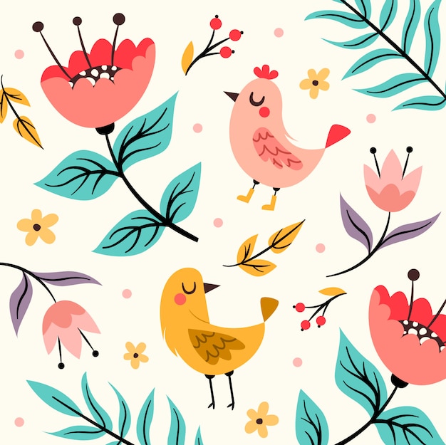 Spring bird pattern with flowers