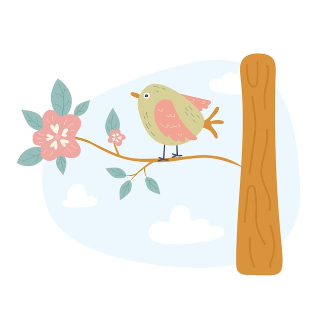 Spring bird on tree branch with leaves hand drawn flat illustration