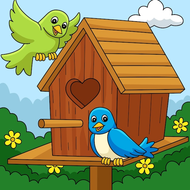 Spring birdhouse colored cartoon illustration