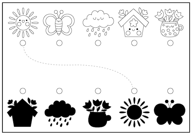 Spring black and white shadow matching activity with cute kawaii holiday symbols Easter shape recognition puzzle Find correct silhouette printable worksheet Garden coloring pagexA