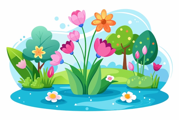 Spring blooms beautifully with colorful flowers against a white background