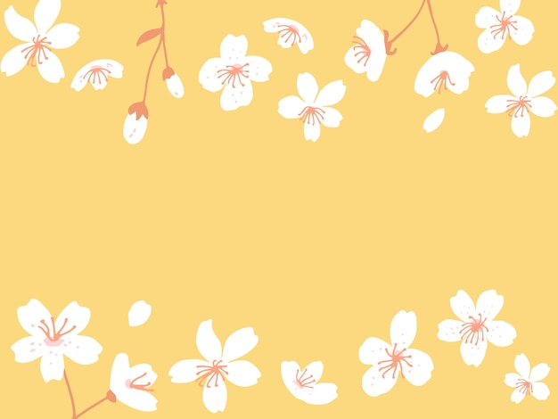 Banner orizzontale in fiore di primavera illustrazione vettoriale della carta di fiori di mela e pesco sfondo giallo con bordo floreale