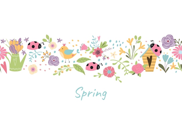 Spring border Spring seamless flower border with colorful daisies bird insect ladybug birdhouse