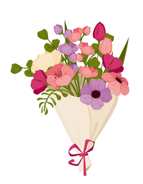 Spring bouquet for Mother s Day with tulips and other flowers, March 8, International Women s Day. Vector illustration.