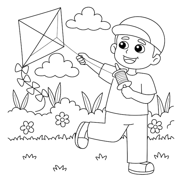 Spring Boy Flying a Kite Coloring Page for Kids