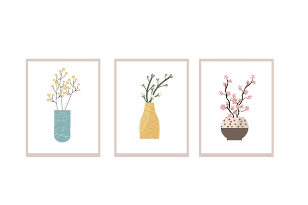 Spring branch in decorative vases set of posters in flat style