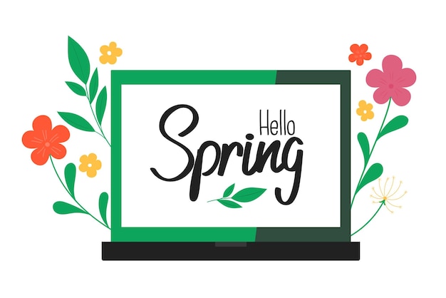 Vector spring came. spring sale sign. spring lettering. flowers grow from a laptop. spring postcard.