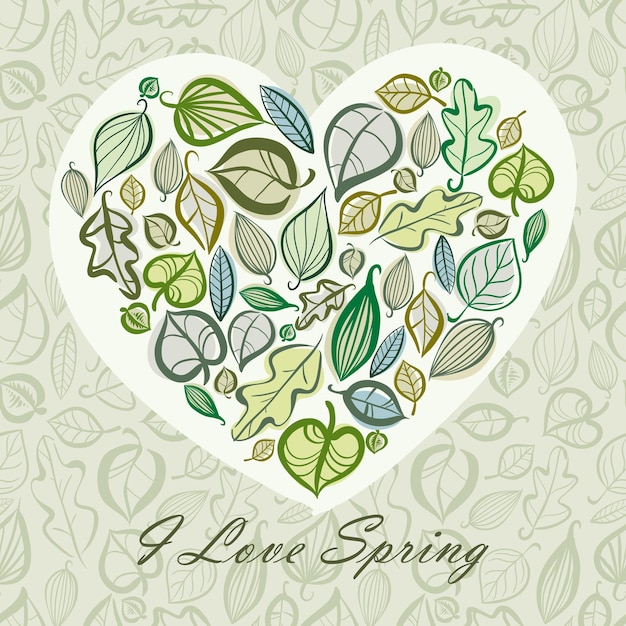 Vector spring card design with heart made of leaves, includes seamless pattern in background, vector illustration.