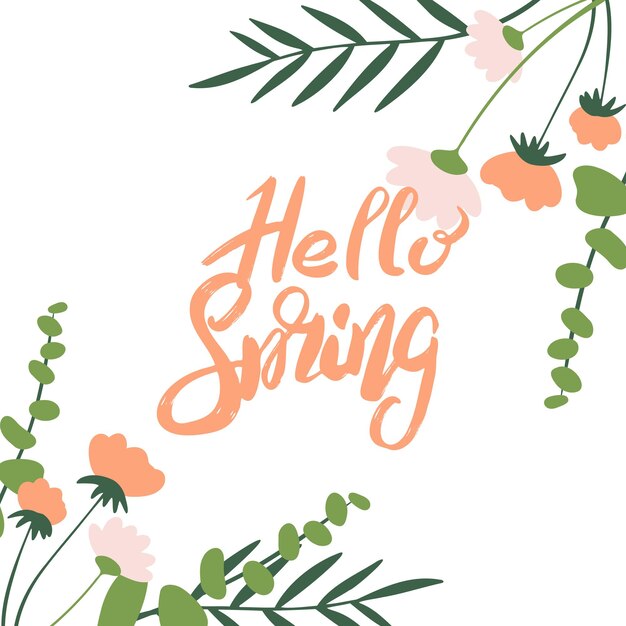 Spring card with typography and flower illustrations Hello spring card with decorative