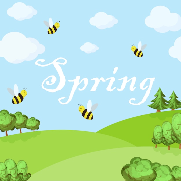 Paesaggio del fumetto di primavera con alberi e nuvole