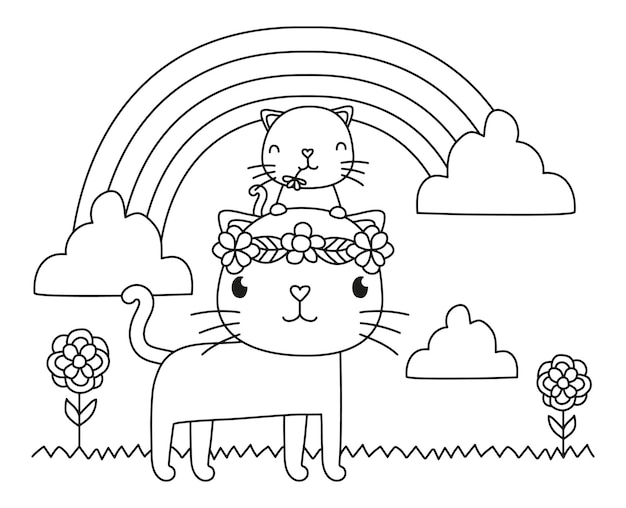 Spring cat with kitten and rainbow vector illustration