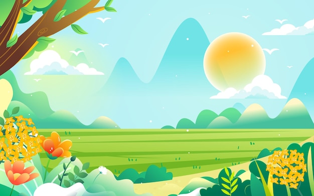 Spring characters are traveling outside, the background is various forest trees and mountains