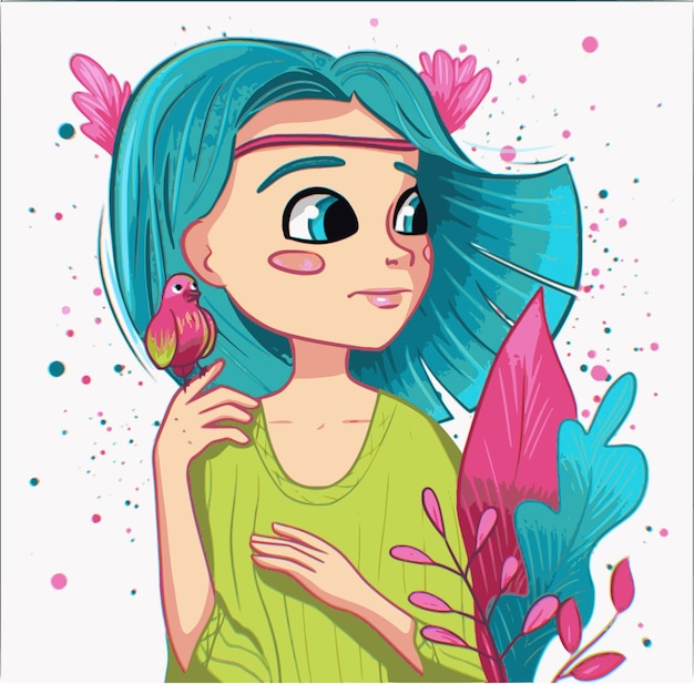 Vector spring characters art a girl with a bird on her shoulder