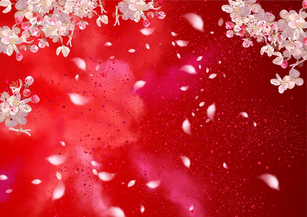 Spring cherry blossom branches on red background