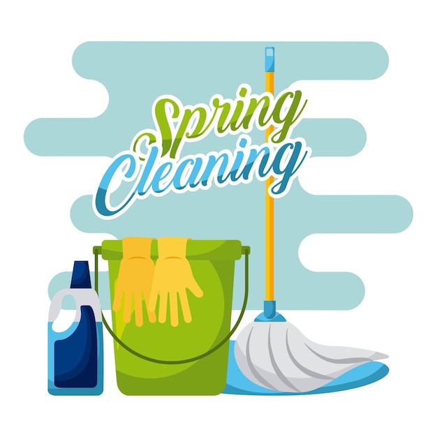 Vector spring cleaning bucket mop gloves and cleaning product
