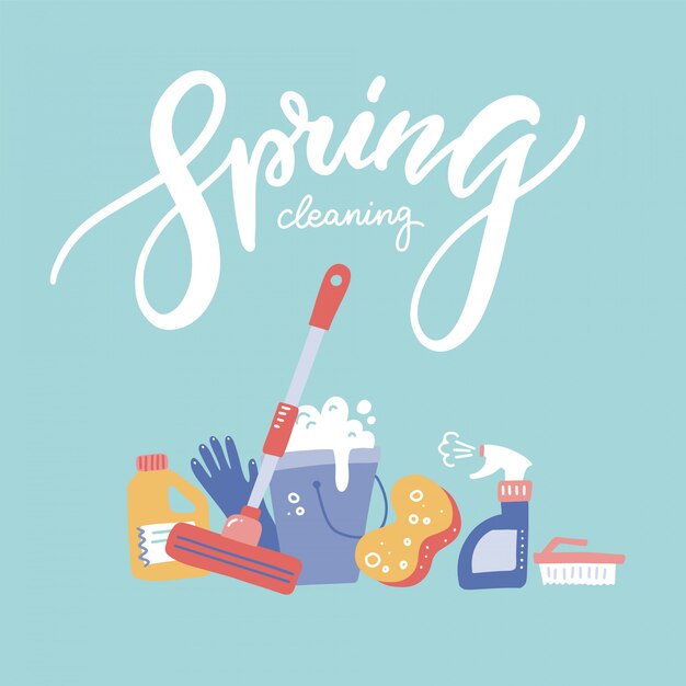 Spring Cleaning bunner met schoonmaakmiddelen.