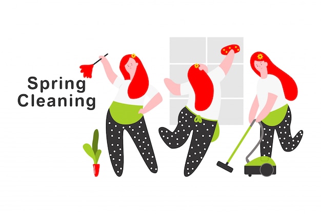 Vector spring cleaning cartoon concept illustration with woman character isolated on a white background.