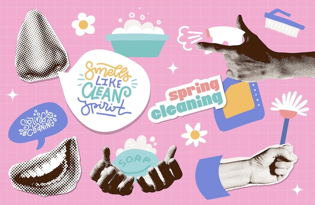 Vector spring cleaning halftone collage stickers set various cleaning products and tools with flat vector