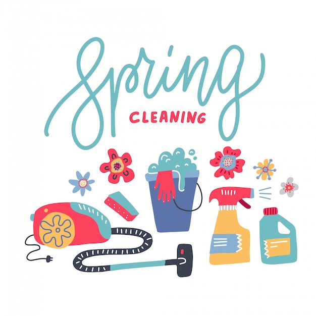 Spring Cleaning - line Lettering with flowers and home Equipment, Housework, Appliance, Domestic Tools.