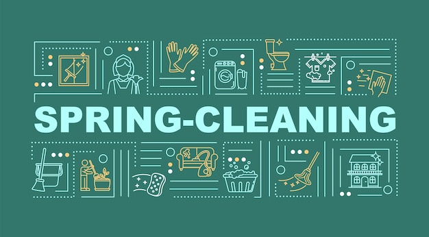 Spring cleaning word concepts banner. housekeeping and disinfection. sanitize home. infographics with linear icons on green background. isolated typography. vector outline rgb color illustration