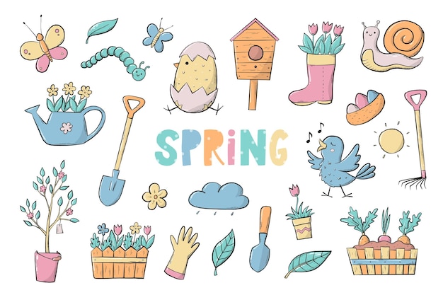 Vector spring clip art, nursery doodles, stickers, prints, cartoon elements