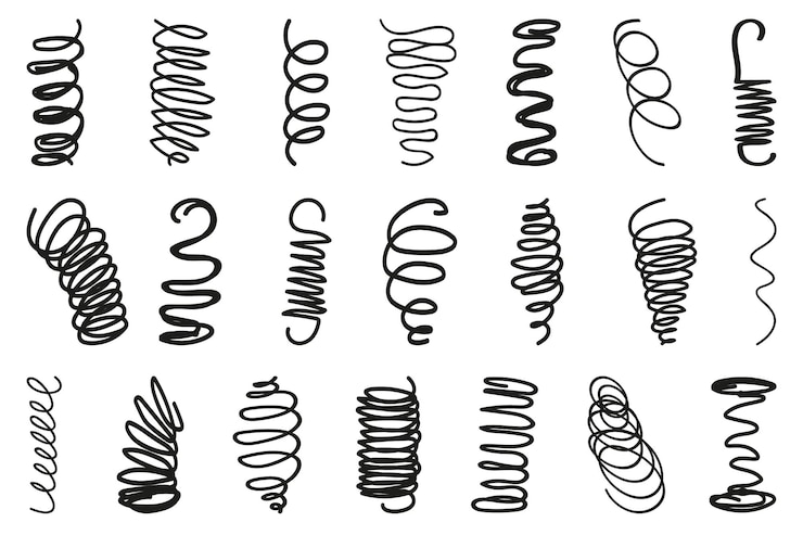 Vector spring coil collection set of black spiral springs metallic coil and linear spirals spring coil and absorber icon collection