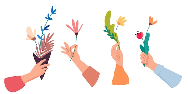 Vector spring collection of different gesture hands holding flowers or giving bouquets and flowers