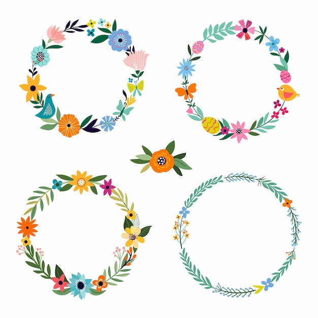 Vector spring collection with floral wreaths , different seasonal elements, isolated on white