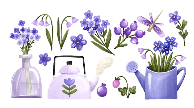 Vettore collezione primaverile con fiori viola un bellissimo bouquet di fo