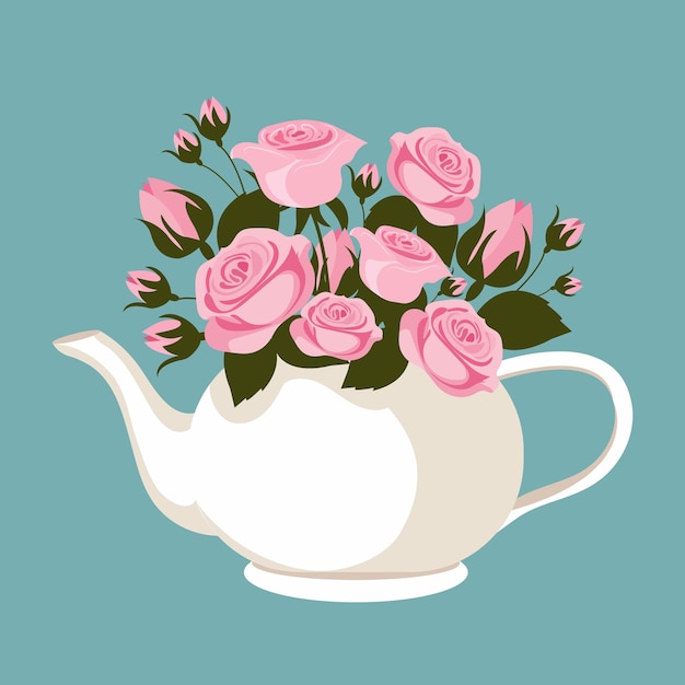 Vector spring composition of pink roses in a porcelain teapot