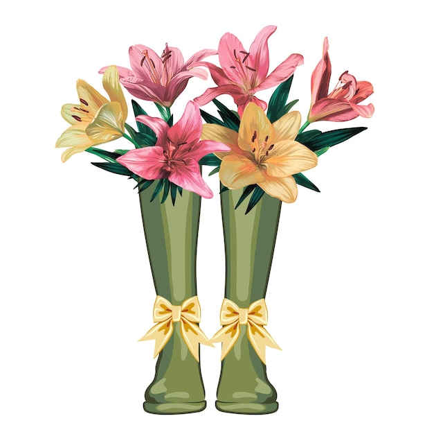 Spring composition with rubber boots and a bouquet of lily flowers