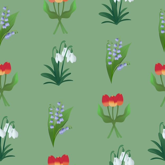 Vector spring concept flat cartoon seamless pattern with tulipas snowdrops and bluebells