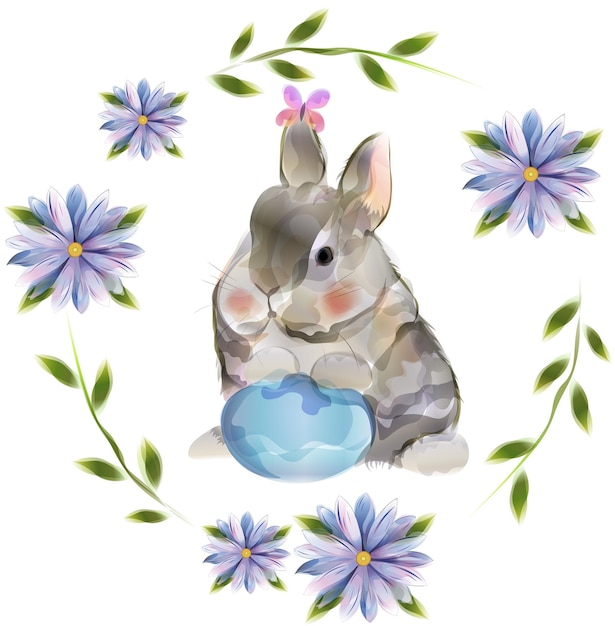 Spring cute Easter bunny with blue egg and butterfly in flower frame Watercolor design