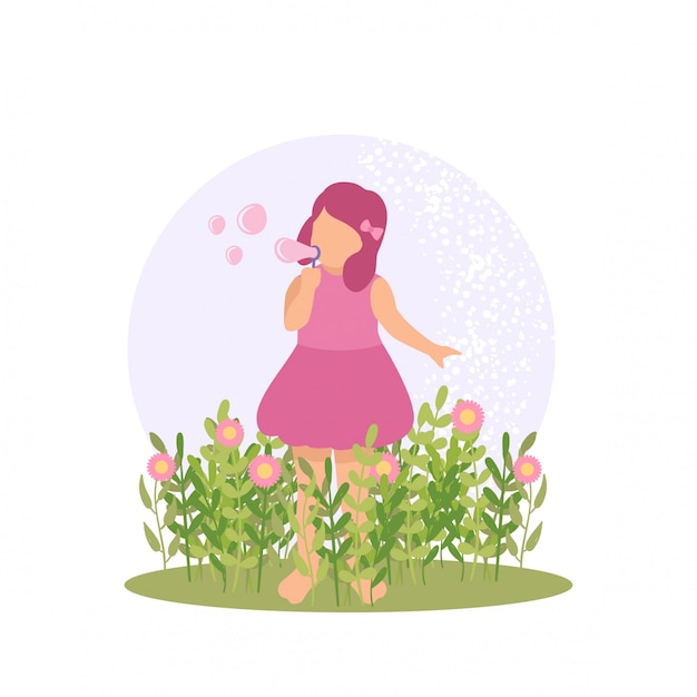 Vector spring cute kid girl playing flower and bubble at garden