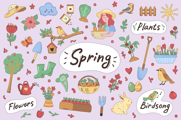 Spring cute stickers set in flat cartoon design Collection of flower plant bird song bunny vegetable rubber boots watering can and other Vector illustration for planner or organizer template