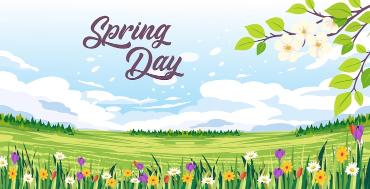 Вектор spring day banner above a vibrant field of flowers under a cloudy sky
