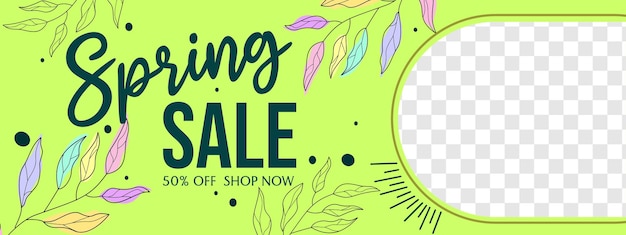 spring discount advertising banner cover.green color design with hand drawn leaf line art decoration