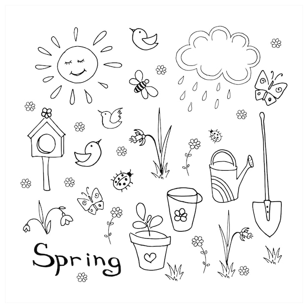 Vector spring doodle set. collection of simple hand-drawn cute elements. black and white vector illustration isolated on white.