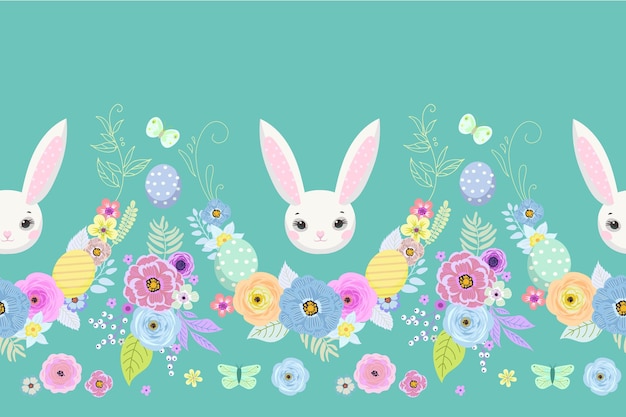 Spring easter background with cute bunnies,eggs and flowers for wallpaper and fabric design. Vector illustration